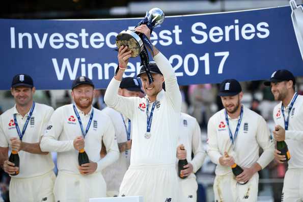 Joe Root lifts the trophy after beating West Indies 2-1 at home. Joe Root lifts the trophy after beating West Indies 2-1 at home.