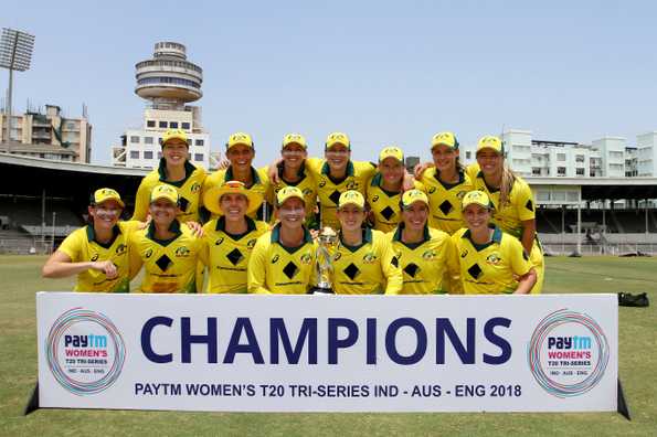 Australia beat England in the final to lift the Women's T20I tri-series trophy. Australia beat England in the final to lift the Women's T20I tri-series trophy.