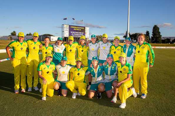 Australia registered a record 22nd consecutive win in ODIs as they beat New Zealand at the Bay Oval Australia registered a record 22nd consecutive win in ODIs as they beat New Zealand at the Bay Oval