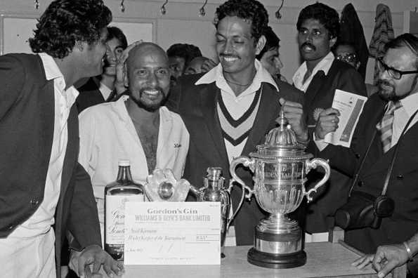 Syed Kirmani celebrates with teammates after the historic win.