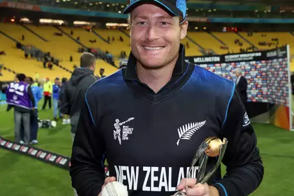 Martin Guptill posing with the Man of the Match award after his scintillating knock powered New Zealand to the semis.