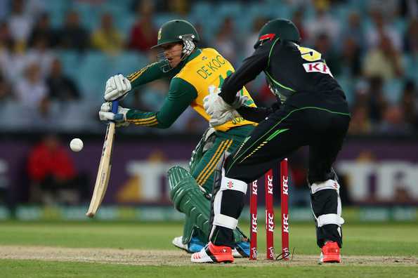 Quinton de Kock hit a quick-fire 48 off 27 balls before falling to Pat Cummins. Quinton de Kock hit a quick-fire 48 off 27 balls before falling to Pat Cummins.