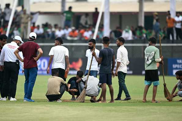 Groundsmen worked hard but to no avail on the opening day in Greater Noida. Groundsmen worked hard but to no avail on the opening day in Greater Noida.