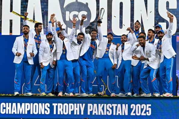 India team celebrate their third Champions Trophy triumph. India team celebrate their third Champions Trophy triumph.