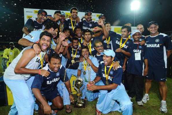 Indian cricketers celebrate their victory after their final One Day International match against Sri Lanka in Colombo. India, who already had a winning 3-1 lead, were shot out for 103 chasing a rain-revised target of 216 off 44 overs under lights. They clinched the series 3-2. Indian cricketers celebrate their victory after their final One Day International match against Sri Lanka in Colombo. India, who already had a winning 3-1 lead, were shot out for 103 chasing a rain-revised target of 216 off 44 overs under lights. They clinched the series 3-2.