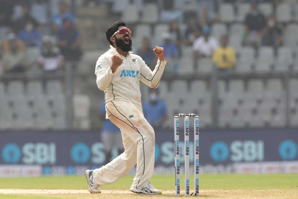 Ajaz Patel during his historic 10-fer in Mumbai circa 2021. Ajaz Patel during his historic 10-fer in Mumbai circa 2021.